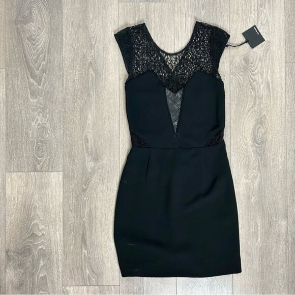 The Kooples Robe Lace & Leather Mini Dress Crepe Cap sleeve Black Size XS - Picture 10 of 16